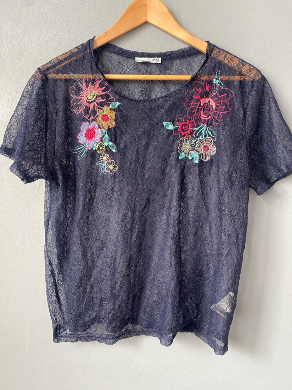 Navy Lace Short Sleeve Top with Multicolor Floral Embroidery
